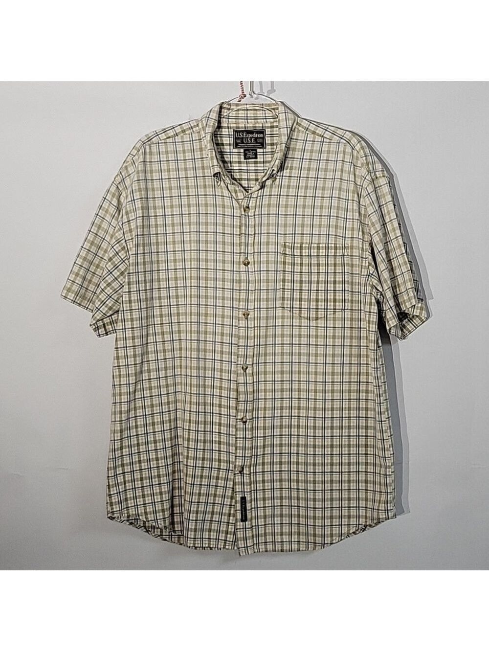 Men's U.S. Expedition Tan/Blue Plaid Button-Down, Short-Sleeved Shirt, Size Lg